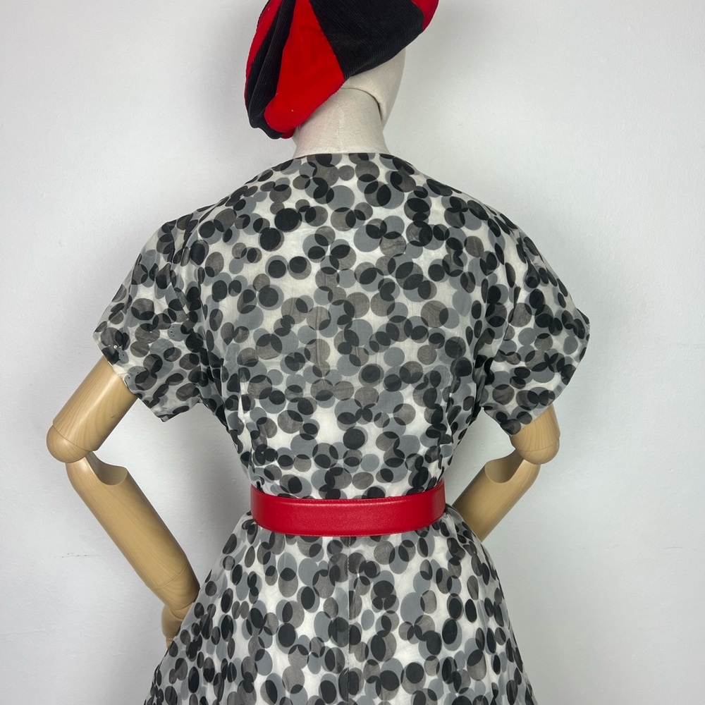 1950’s Vintage BLACK & WHITE Polkadot Polka Dot Chiffon Overlay Party Dress L XL - Picture 6 of 16